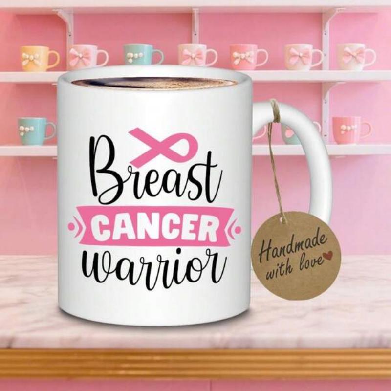 Tailorly White Ceramic 11 oz Mug - Breast Cancer Warrior Pink Ribbon Awareness Symbol Above Script Text With Decorative Banners Mug
