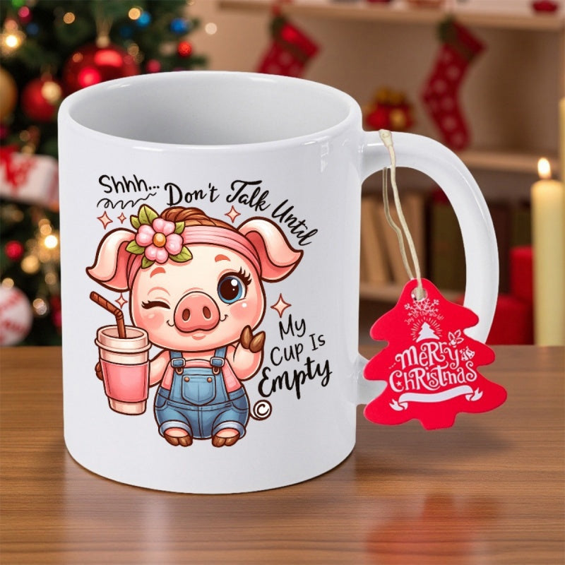 Tailorly White Ceramic 11 oz Mug - Shhh Don't Talk Until My Cup Is Empty Adorable Cartoon Winking Character Wearing Pink Flower Headband And Overalls Pig