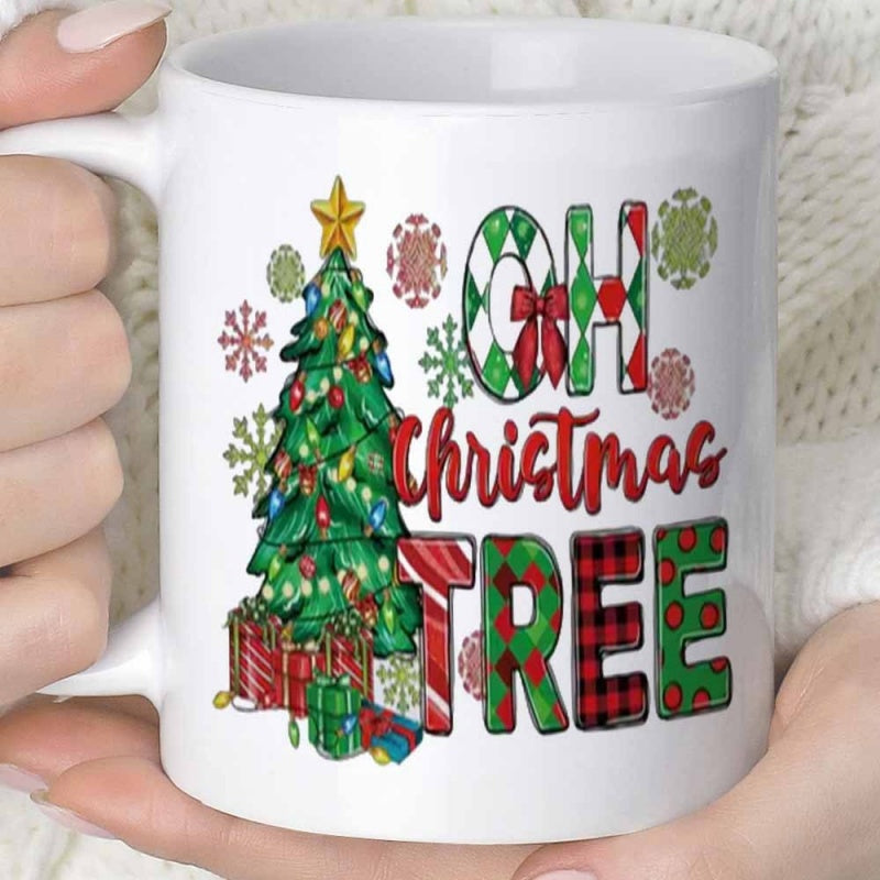 Tailorly White Ceramic 11 oz Mug - Oh Christmas Tree Festive Holiday Fir Decorated With Ornaments And Colorful Gifts Tree