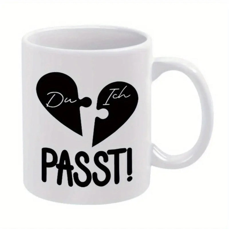 Tailorly White Ceramic 11 oz Mug - Solid Black Silhouette Heart Puzzle Pieces Connecting Two Separate Halves Heart