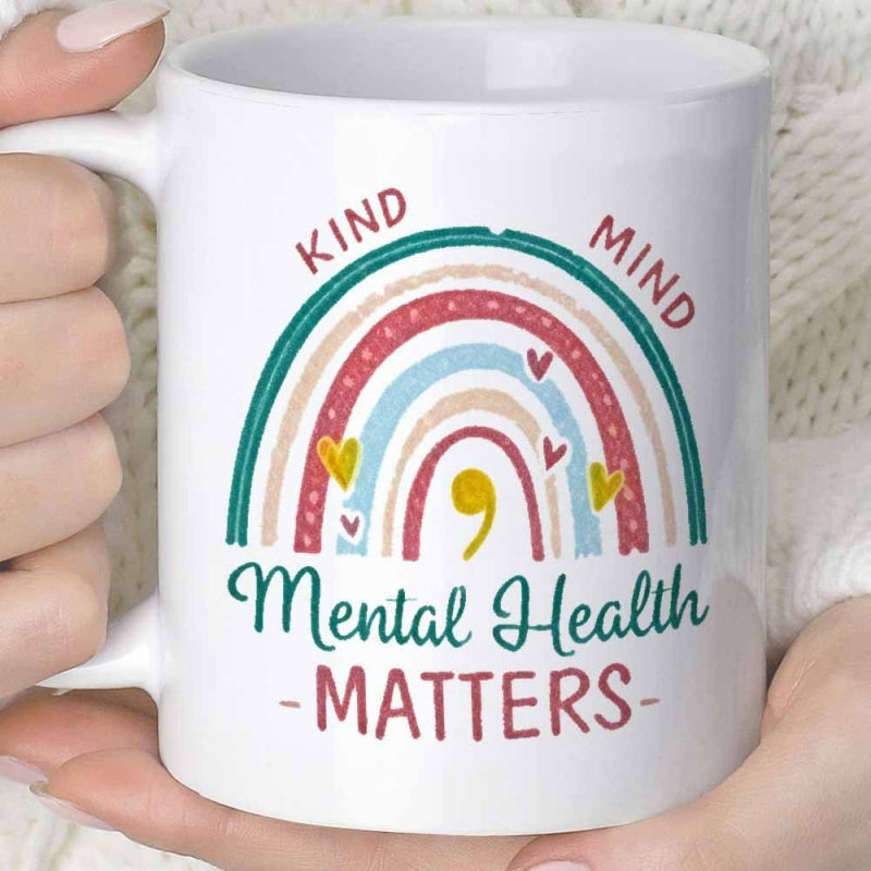 Tailorly White Ceramic 11 oz Mug - Kind Mind Mental Health Matters Inspirational Artistic Arches Decorated With Tiny Hearts And Meaningful Rainbow