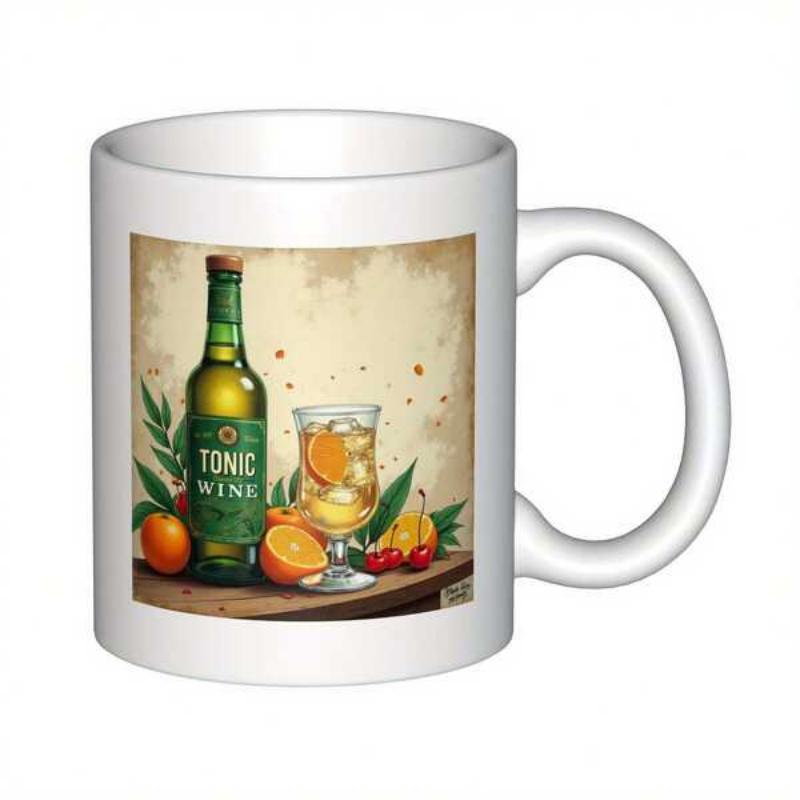 Tailorly White Ceramic 11 oz Mug - Tonic Wine Vintage Illustration Featuring Green Bottle And Glass With Fresh Oranges Bottle