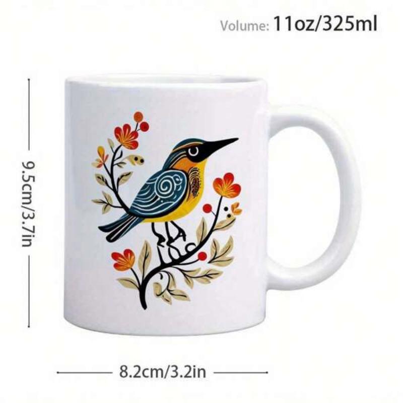 Tailorly White Ceramic 11 oz Mug - Colorful Folk Art Songbird Perched On Flowering Branch Bird