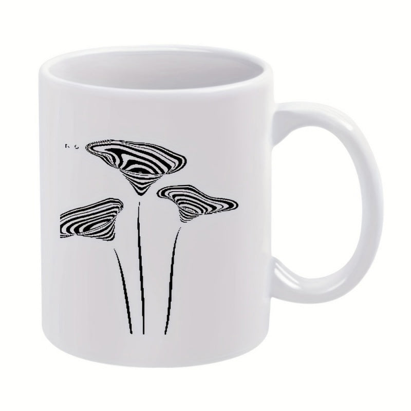 Tailorly White Ceramic 11 oz Mug - Abstract Wavy Lines Design Featuring Three Stylized Geometric Organic Growing Nature Mushroom