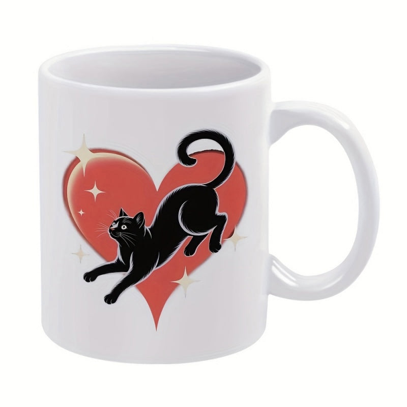 Tailorly White Ceramic 11 oz Mug - Elegant Stretching Silhouette Gracefully Posed Before Shining Red Heart Sparkles Cat