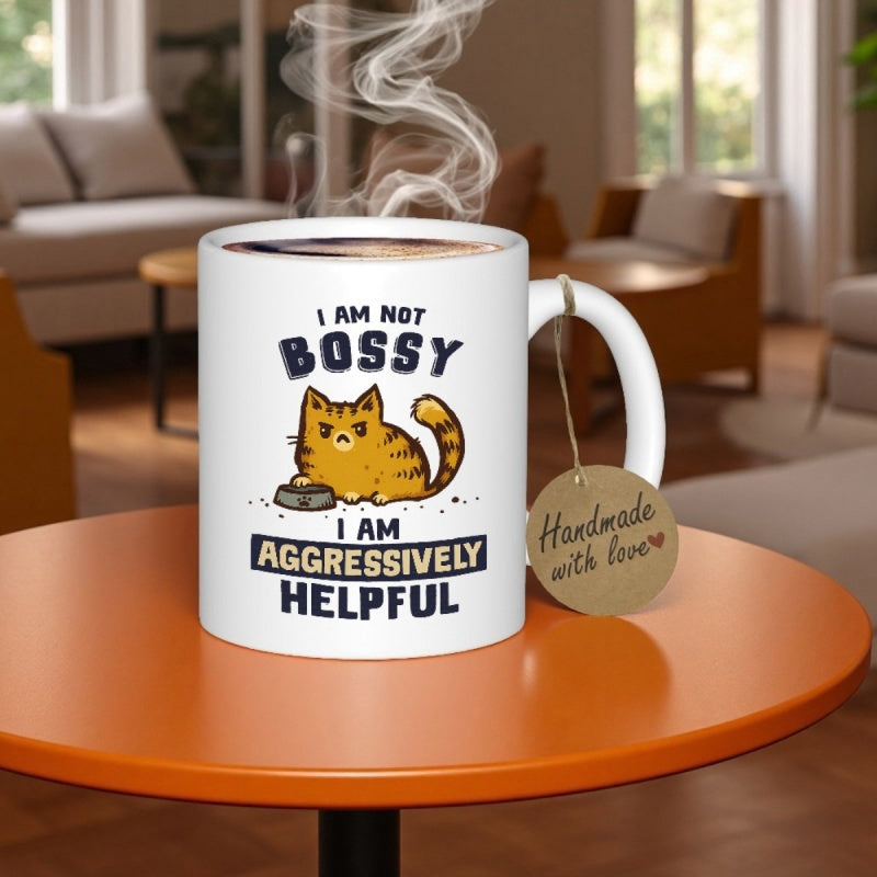 Tailorly White Ceramic 11 oz Mug - I Am Not Bossy I Am Aggressively Helpful Angry Orange Striped Tabby Cat Waiting By Empty Black Bowl Cat