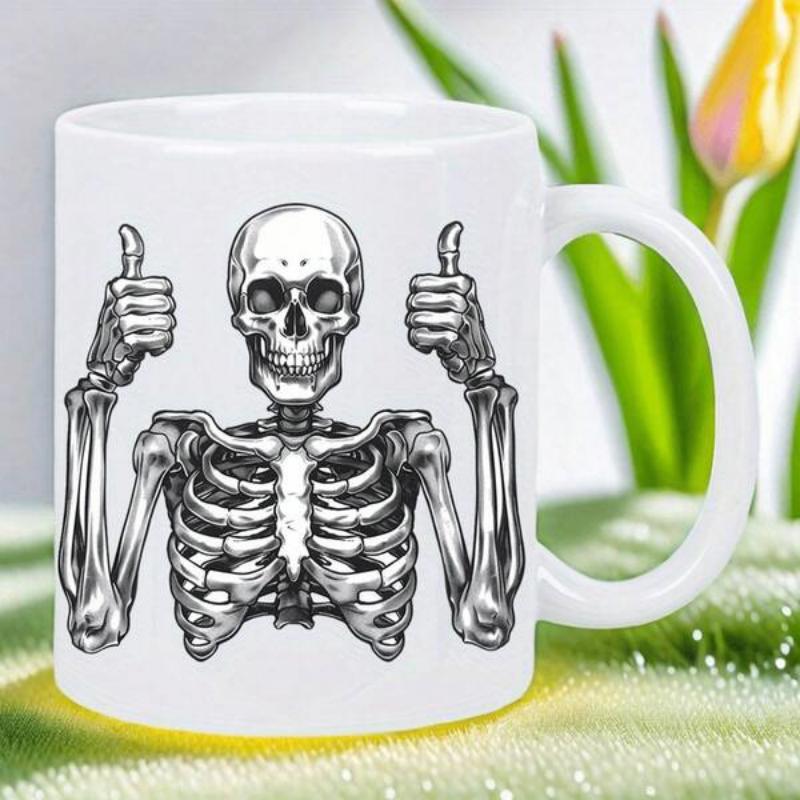 Tailorly White Ceramic 11 oz Mug - Detailed Human Skeletal Torso Showing Double Thumbs Up Sign In Artistic Black Ink Skeleton