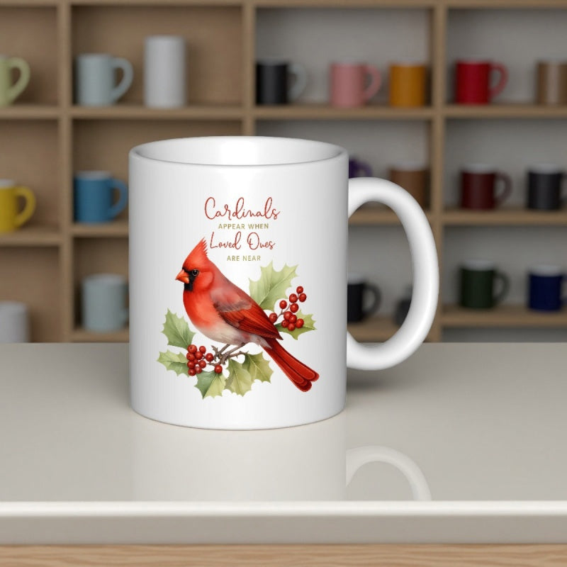 Tailorly White Ceramic 11 oz Mug - Cardinals Appear When Loved Ones Are Near Vibrant Red Bird Perched On Green Holly Leaves With Red Berries Cardinal