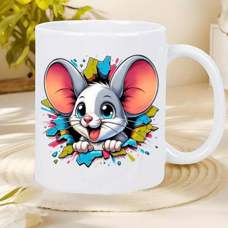 Tailorly White Ceramic 11 oz Mug - Cute Tiny White Rodent Peeking Through Colorful Splashed Paint Background Mouse