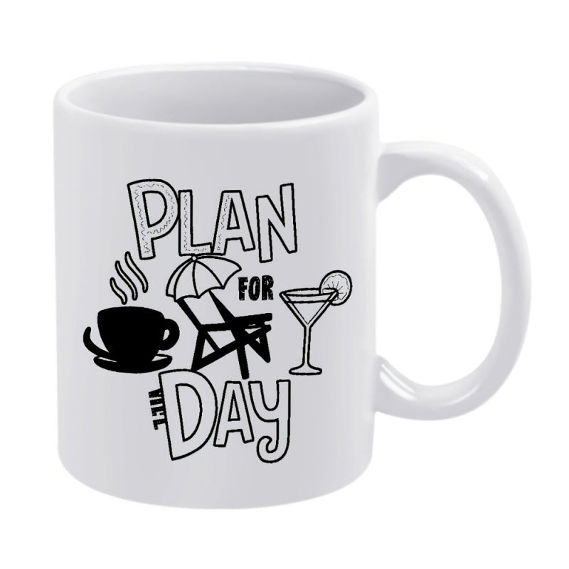 Tailorly White Ceramic 11 oz Mug - Plan For The Day Steaming Coffee Cup With Beach Chair And Cold Cocktail Mug