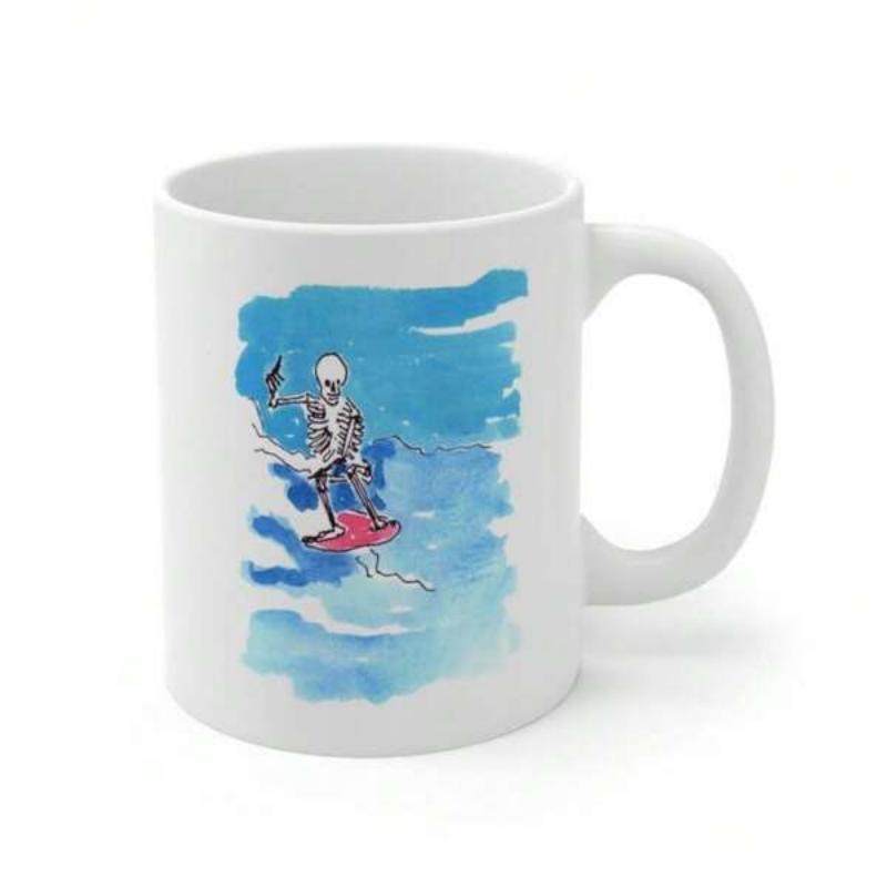 Tailorly White Ceramic 11 oz Mug - Watercolor Illustration Of A Surfing Skeleton With Small Bird On Hand Riding Waves Skeleton