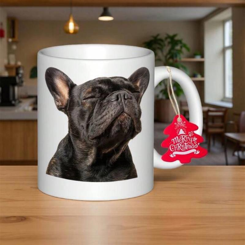 Tailorly White Ceramic 11 oz Mug - Merry Christmas Realistic Detailed Portrait Of A Resting Black Dog French Bulldog