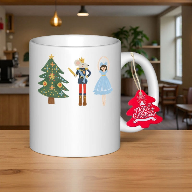 Tailorly White Ceramic 11 oz Mug - Merry Christmas Festive Green Tree Mouse King And Blue Ballerina Among Stars Nutcracker