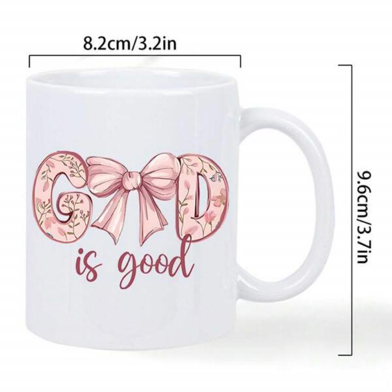 Tailorly White Ceramic 11 oz Mug - God Is Good Delicate Pink Ribbon Bow Between Floral Pattern Letters Mug