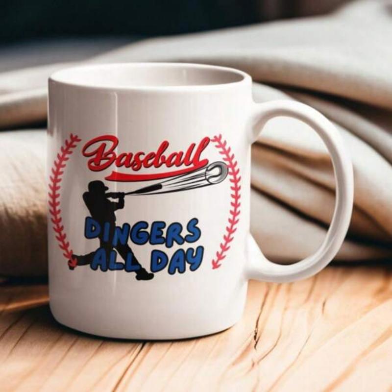 Tailorly White Ceramic 11 oz Mug - Baseball Dingers All Day Powerful Silhouette Swinging A Bat Under Red Decorative Stitching Player