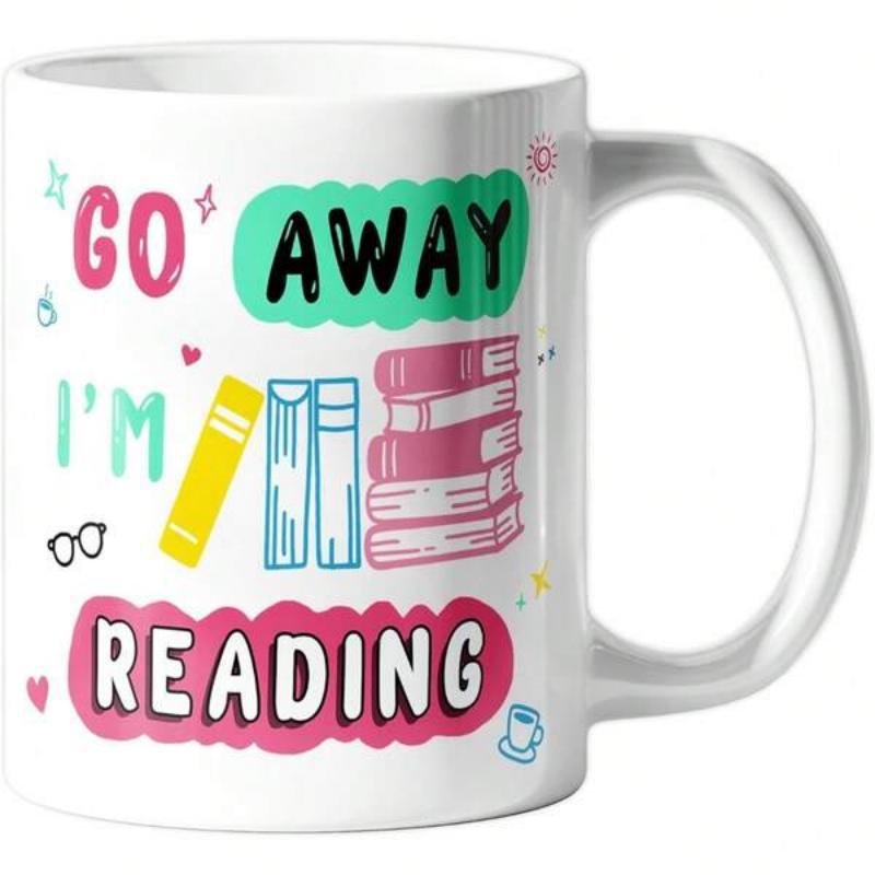 Tailorly White Ceramic 11 oz Mug - Go Away Im Reading Colorful Hand Drawn Books With Cute Literary Icons And Creative Lettering Book