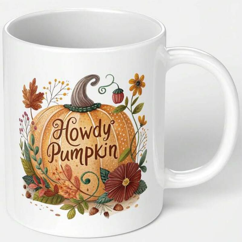 Tailorly White Ceramic 11 oz Mug - Howdy Pumpkin Rustic Autumn Leaves And Vibrant Flowers Surrounding A Large Festive Pumpkin