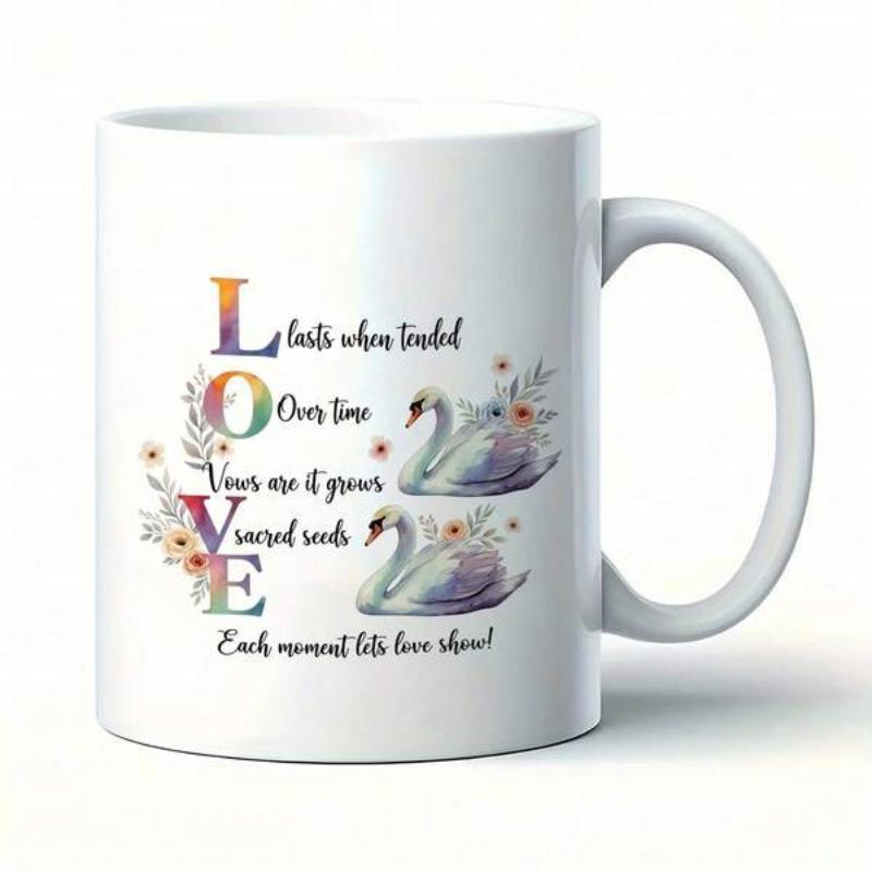 Tailorly White Ceramic 11 oz Mug - Love Each Moment Lets Love Show Elegant Watercolor Floral Arrangement With Two Majestic White Floating Swans
