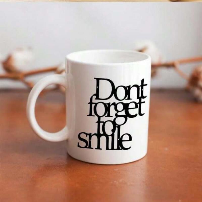 Tailorly White Ceramic 11 oz Mug - Dont Forget To Smile Modern Black Typography Featuring Overlapping Stylized Letters Mug