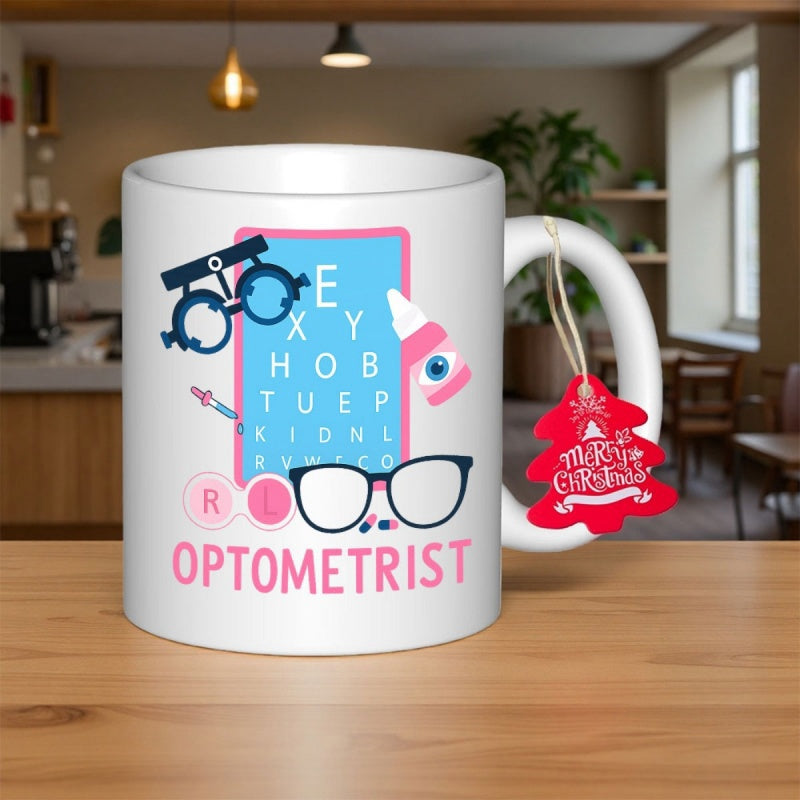 Tailorly White Ceramic 11 oz Mug - Optometrist Eye Chart With Professional Trial Frame And Modern Glasses Optometrist