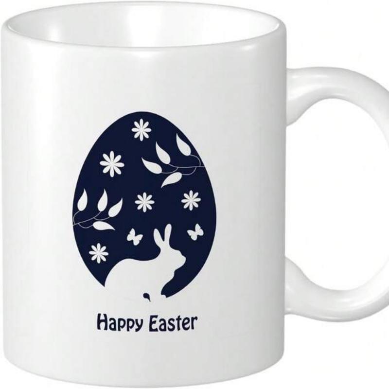 Tailorly White Ceramic 11 oz Mug - Happy Easter Minimalist Silhouette Inside Decorative Egg With Spring Floral Blossoms Rabbit