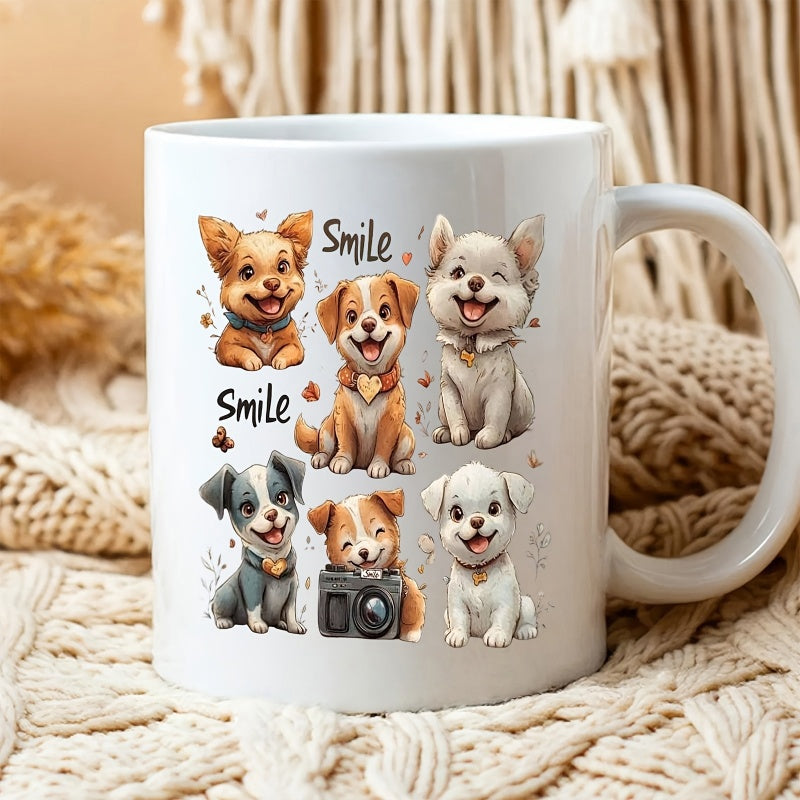 Tailorly White Ceramic 11 oz Mug - Smile Adorable Cartoon Puppies Sitting Together With Camera And Little Hearts Puppy