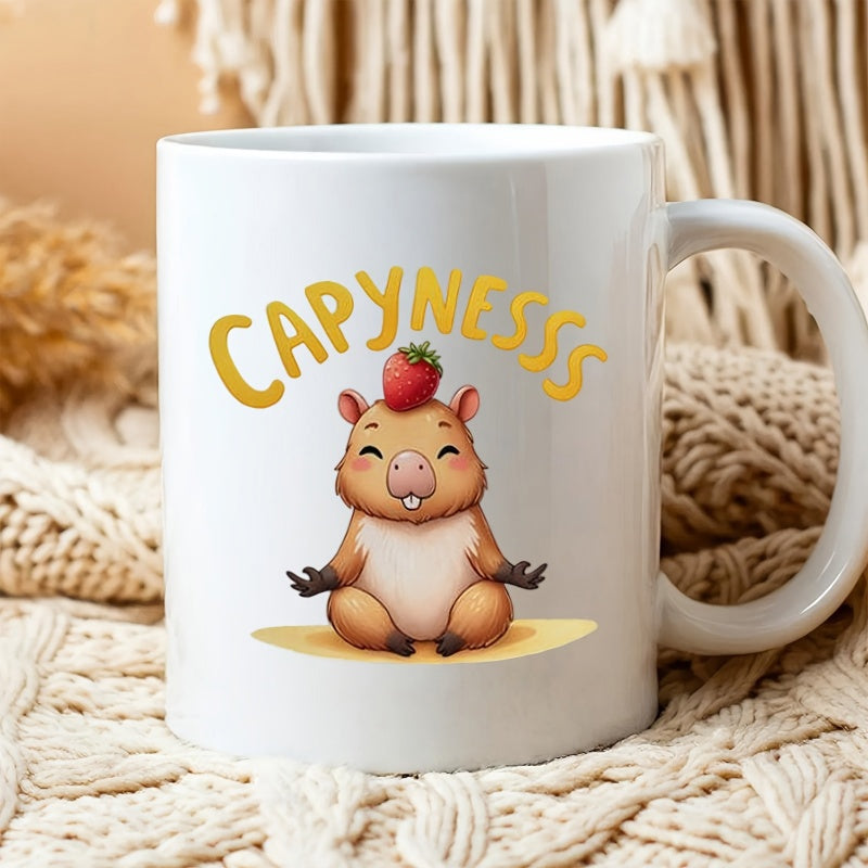 Tailorly White Ceramic 11 oz Mug - Capyness Cute Cartoon Animal Meditating Peacefully With Red Strawberry On Head Capybara