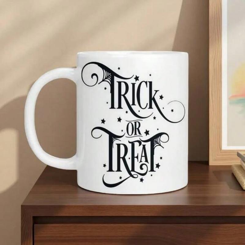 Tailorly White Ceramic 11 oz Mug - Trick Or Treat Elegant Gothic Calligraphy With Spooky Spider Webs And Twinkling Festive Stars Mug