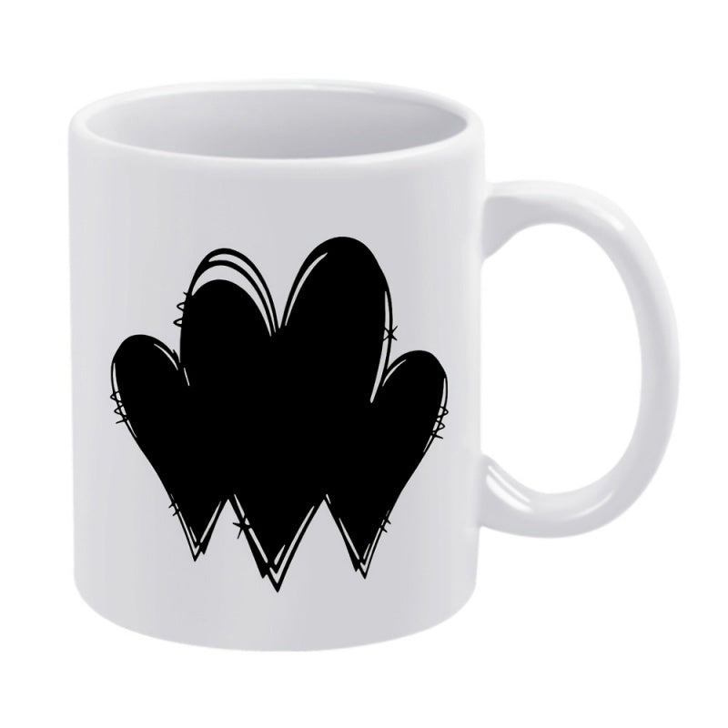 Tailorly White Ceramic 11 oz Mug - Artistic Minimalist Sketchy Overlapping Three Black Hand Drawn Symbolic Hearts