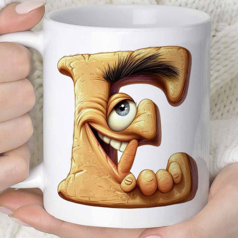 Tailorly White Ceramic 11 oz Mug - Stone Textured Monster Character With Single Eye And Grinning Face Letter E