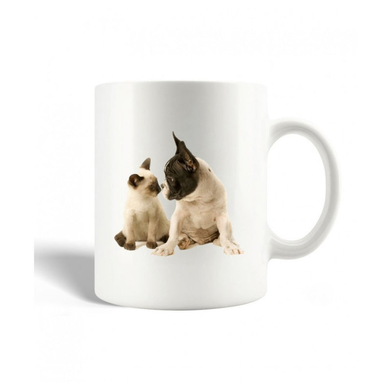 Tailorly White Ceramic 11 oz Mug - Adorable Siamese Kitten And Little French Bulldog Sitting Closely Looking Together Pets