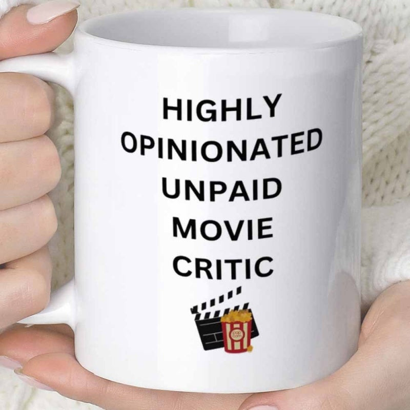 Tailorly White Ceramic 11 oz Mug - Highly Opinionated Unpaid Movie Critic Simple Cinema Clapperboard With Classic Red White Striped Popcorn Bucket Mug
