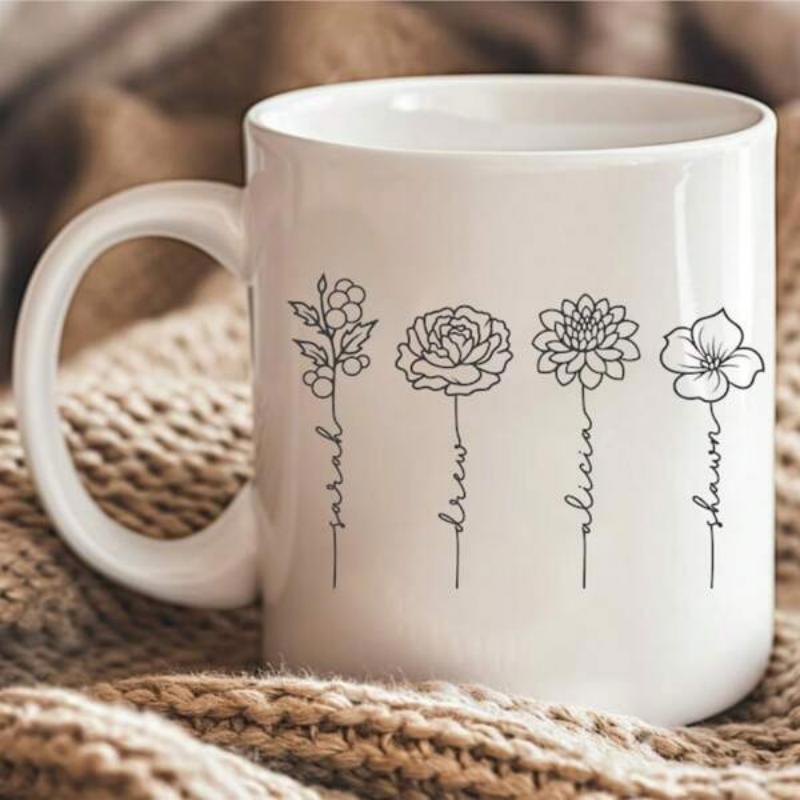Tailorly White Ceramic 11 oz Mug - Sarah Drew Alicia Shawn Delicate Minimalist Line Art With Blooming Botanical Petals And Stems Flower