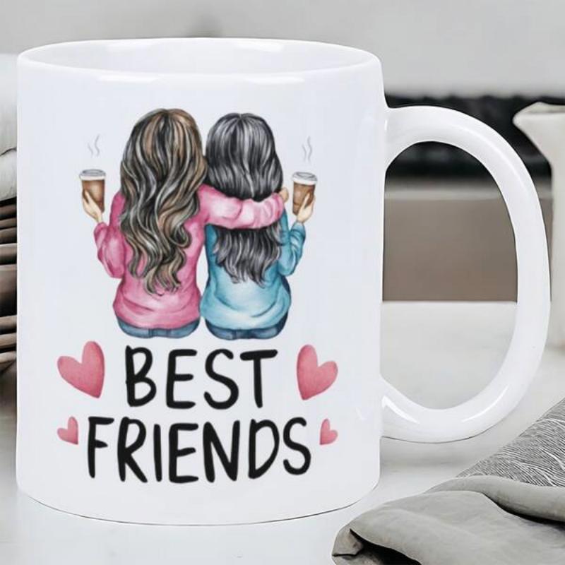 Tailorly White Ceramic 11 oz Mug - Best Friends Two Girls Sitting Together Holding Coffee Cups Surrounded By Hearts Illustration