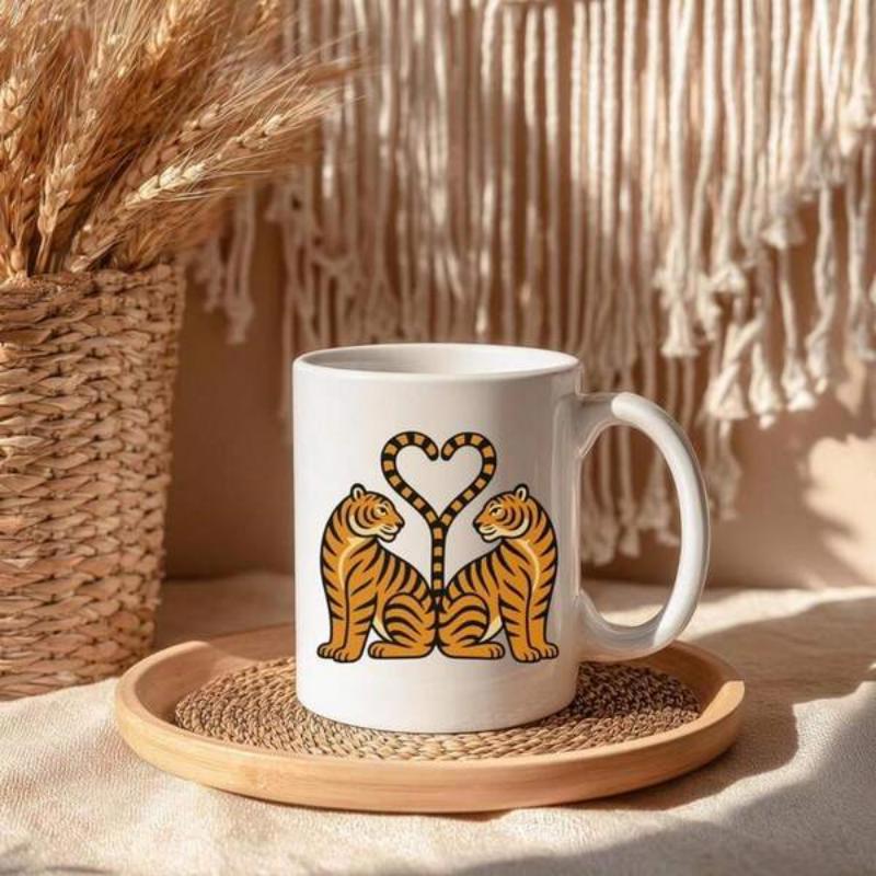 Tailorly White Ceramic 11 oz Mug - Majestic Symmetrical Orange Tigers With Tails Creating A Heart Shape Tiger