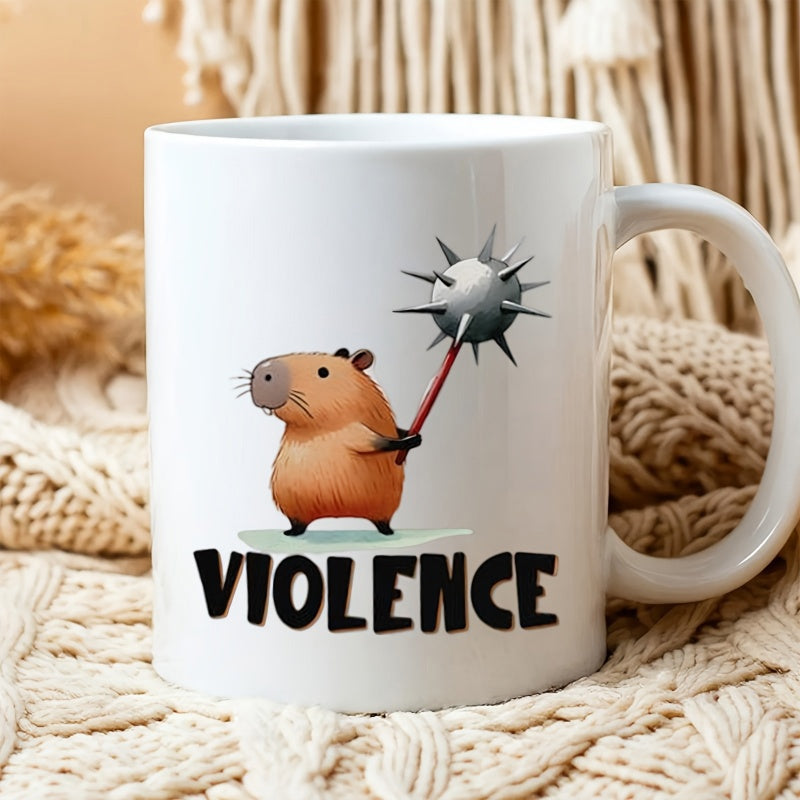 Tailorly White Ceramic 11 oz Mug - Violence Cute Brown Furry Creature Holding A Heavy Spiky Metal Weapon Capybara