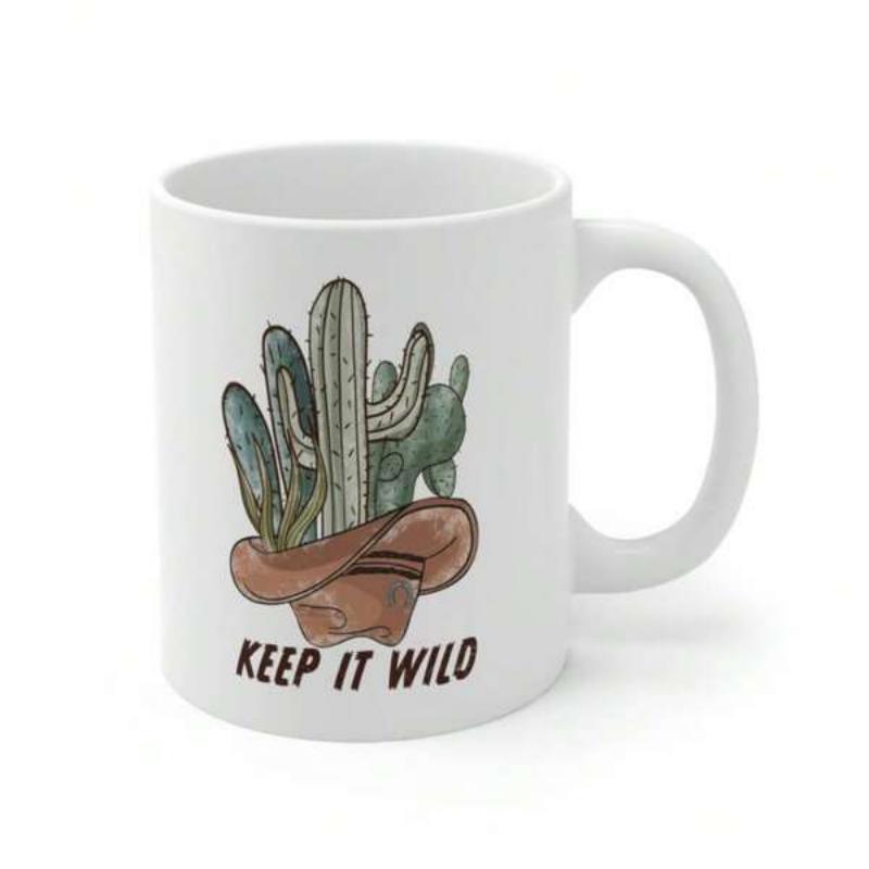 Tailorly White Ceramic 11 oz Mug - Keep It Wild Green Succulents Sprouting From Inside A Classic Brown Suede Western Cowboy Cactus