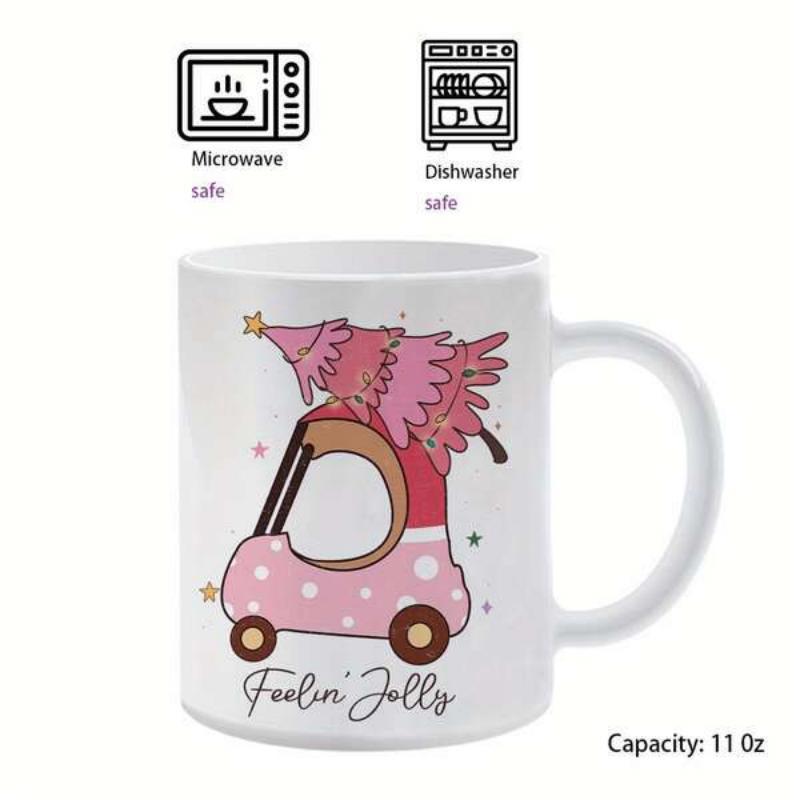 Tailorly White Ceramic 11 oz Mug - Feelin Jolly Whimsical Pink Toy Car Carrying A Festive Pink Christmas Tree Car