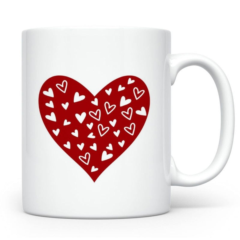 Tailorly White Ceramic 11 oz Mug - Romantic Large Red Pattern Filled With Multiple Small Minimalist White Hearts Heart