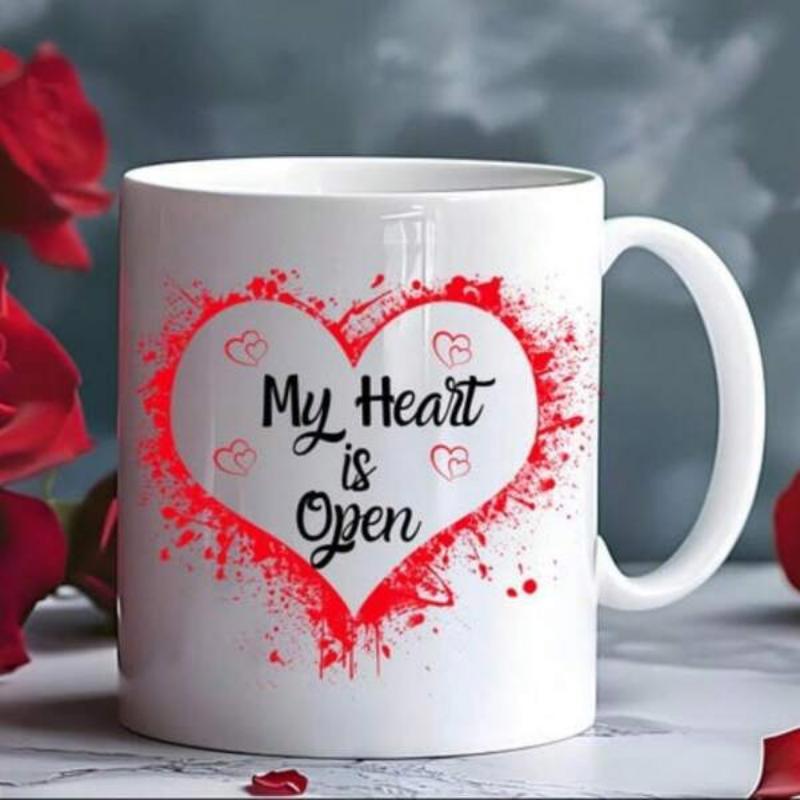 Tailorly White Ceramic 11 oz Mug - My Heart Is Open Vibrant Red Splatter Effect With Delicate Small Line Art Hearts Heart
