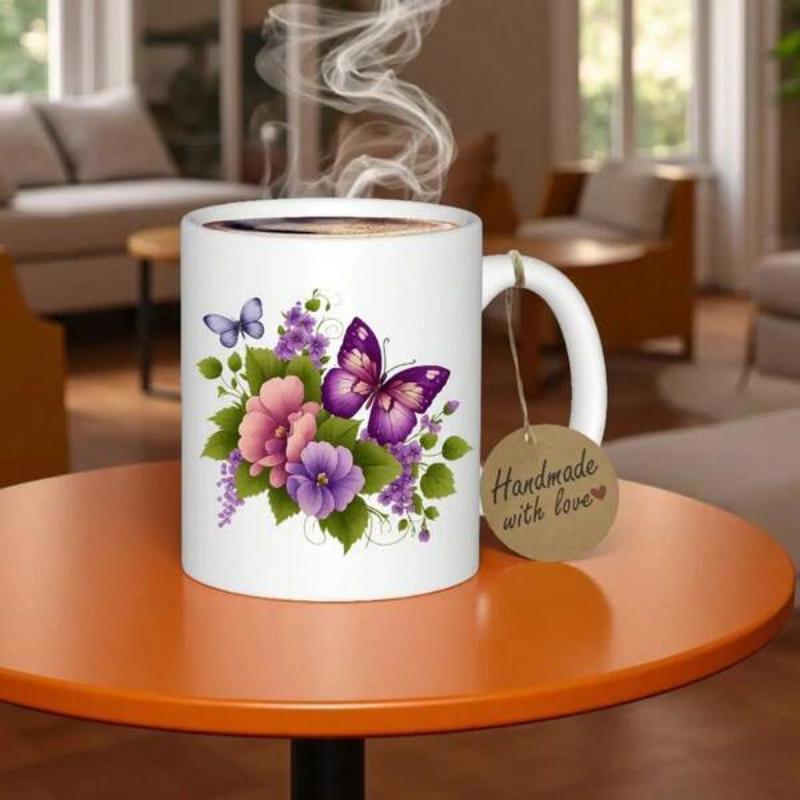 Tailorly White Ceramic 11 oz Mug - Handmade With Love Vibrant Purple Resting On Blooming Garden Flowers With Green Leaves Butterfly