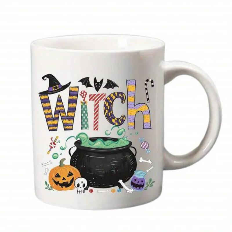 Tailorly White Ceramic 11 oz Mug - Witch Spooky Bubbling Green Potion In A Black Cauldron With Pumpkin Cauldron