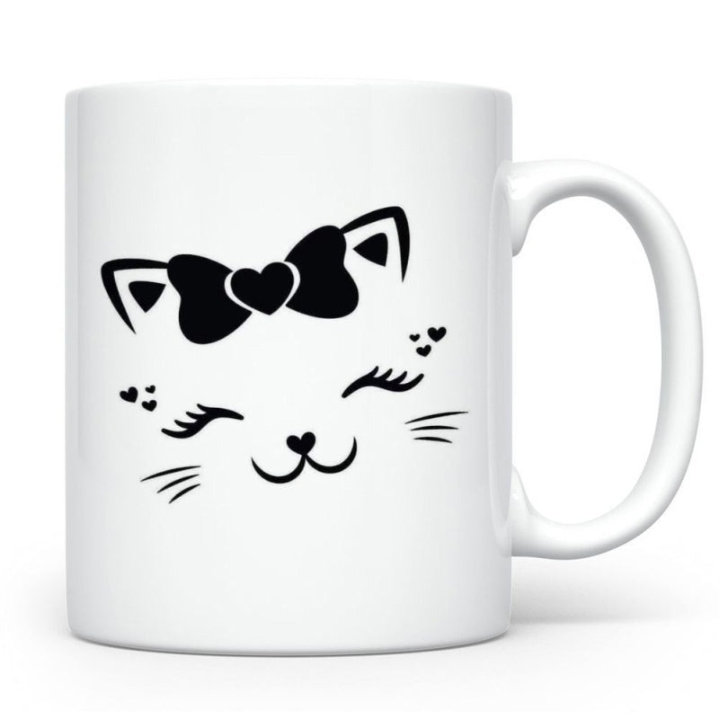 Tailorly White Ceramic 11 oz Mug - Minimalist Adorable Feline Face With Heart Nose And Elegant Bow Cat
