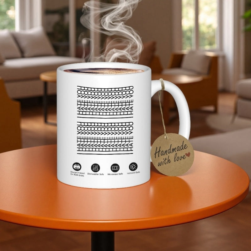 Tailorly White Ceramic 11 oz Mug - Handmade With Love Minimalist Black Geometric Tribal Pattern Printed On A Polished