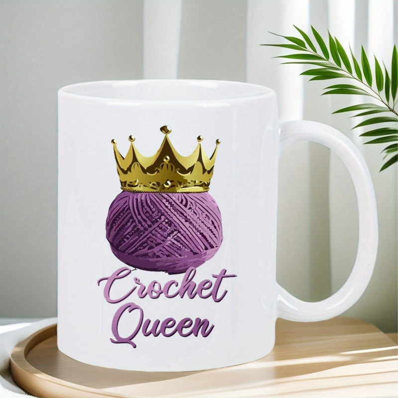 Tailorly White Ceramic 11 oz Mug - Crochet Queen Elegant Golden Royal Crown Sitting On Textured Purple Wool Ball Yarn