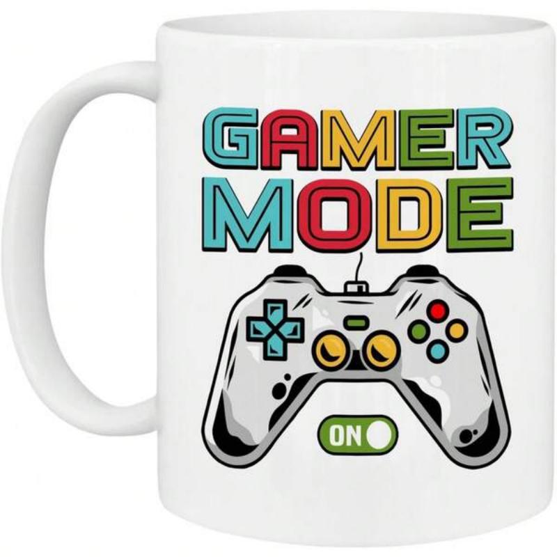 Tailorly White Ceramic 11 oz Mug - Gamer Mode On Colorful Retro Style Illustration Featuring A Classic Gaming Device And Toggle Switch Gamepad