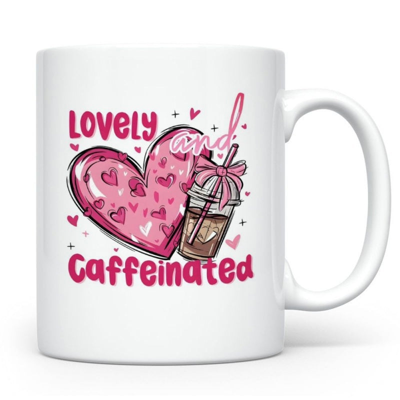 Tailorly White Ceramic 11 oz Mug - Lovely And Caffeinated Whimsical Pink Heart Adorned With Sweet Bow Over Iced Drink Coffee Cup