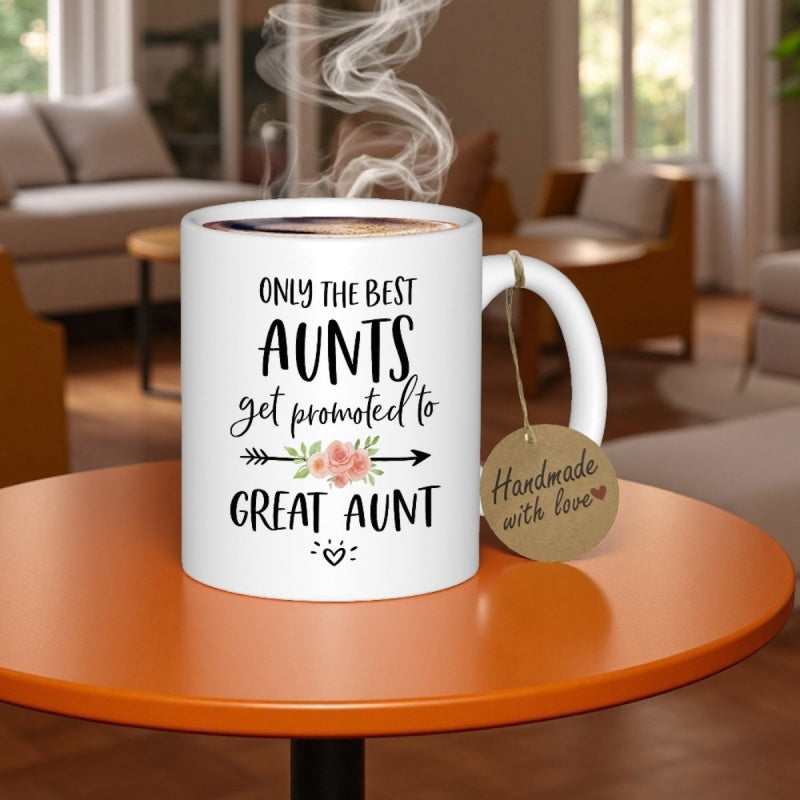 Tailorly White Ceramic 11 oz Mug - Only The Best Aunts Get Promoted To Great Aunt Minimalist Floral Arrow Featuring Pink Roses And Tiny Decorative Heart Mug
