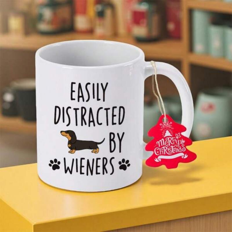 Tailorly White Ceramic 11 oz Mug - Easily Distracted By Wieners Adorable Small Black And Tan Hound With Paw Prints Dog