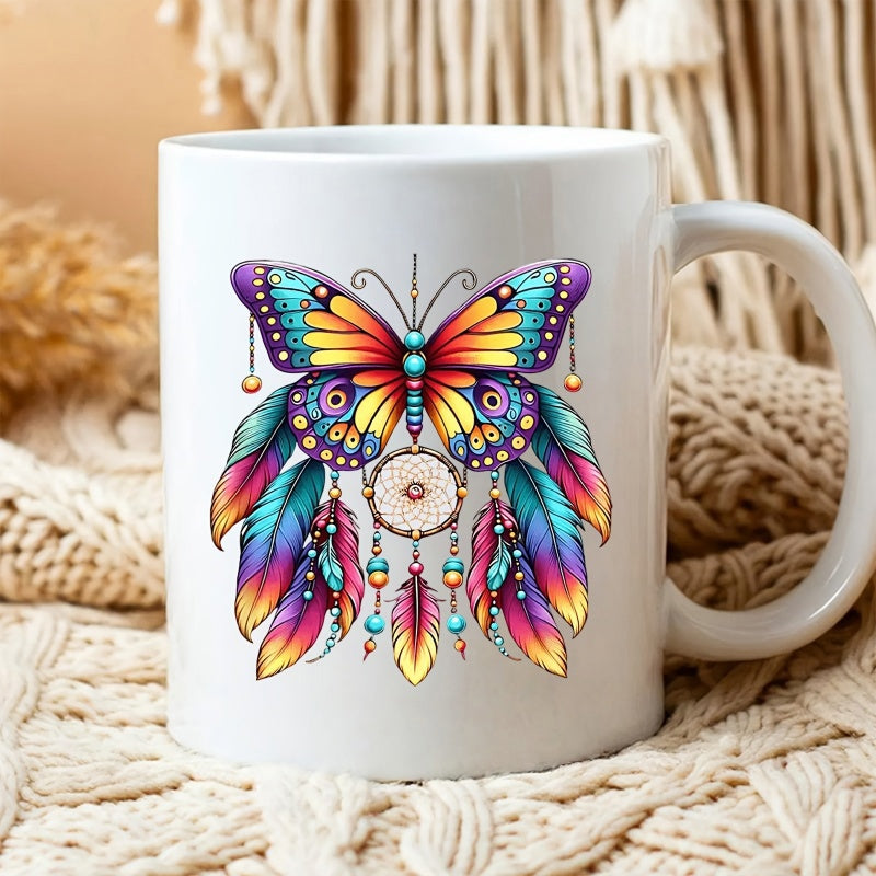 Tailorly White Ceramic 11 oz Mug - Artistic Vibrant Wings With Intricate Dreamcatcher And Colorful Hanging Feathers Butterfly